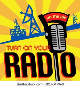 Radio Station Tower Broadcast Poster Or Illustration. Vector.