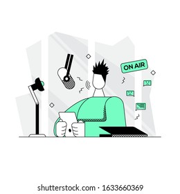 Radio studio. An angry host transmits the podcast to the microphone. A man sits at a table and reads text from a tablet. Recording studio concept. Flat linear vector illustration.