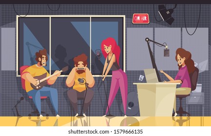 Radio studio background with music recording symbols flat  vector illustration