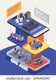 Radio studio concept with sound engineer and recording symbols isometric vector illustration