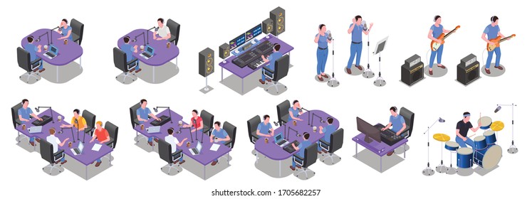 Radio studio icons set with music recording symbols isometric isolated vector illustration