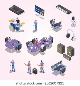 Radio studio icons set with music sound symbols isometric isolated vector illustration