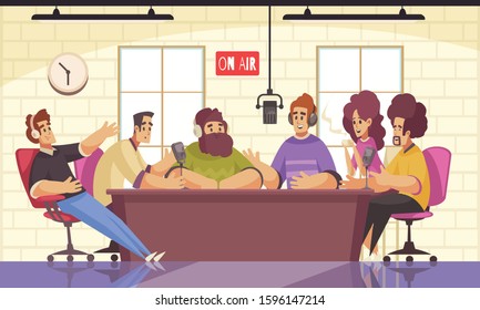 Radio studio interior with people talking symbols flat vector illustration