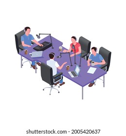 Radio studio isometric icon with people talking on air 3d vector illustration