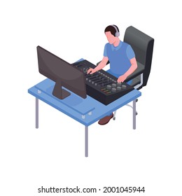 Radio studio isometric icon with sound producer at work 3d vector illustration