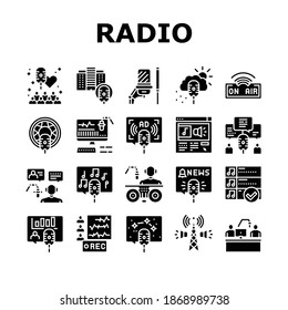 Radio Studio Podcast Collection Icons Set Vector. Auto Radio And News, Advertising And Weather, Horoscope And Music, Building And Command Glyph Pictograms Black Illustrations