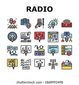 Radio Studio Podcast Collection Icons Set Vector. Auto Radio And News, Advertising And Weather, Horoscope And Music, Building And Command Concept Linear Pictograms. Contour Illustrations