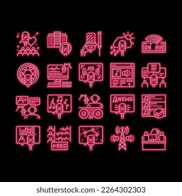 Radio Studio Podcast neon light sign vector. Auto Radio And News, Advertising And Weather, Horoscope And Music, Building And Command Illustrations