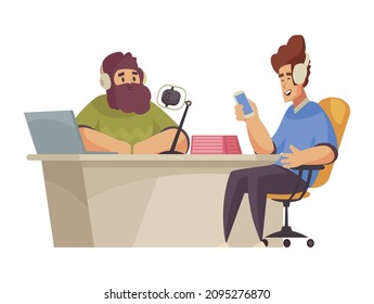 Radio studio recording composition with characters of talk show host and guest talking at table vector illustration