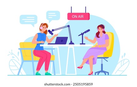 Radio talk show. Broadcast studio live interview, woman presenter in headset listen guest audio speaker record voice in microphone, online conversation vector illustration original artwork