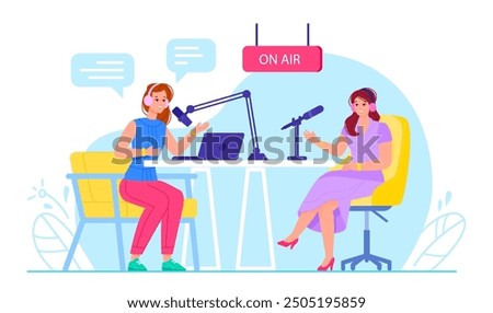 Radio talk show. Broadcast studio live interview, woman presenter in headset listen guest audio speaker record voice in microphone, online conversation vector illustration original artwork