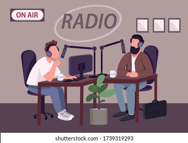 Radio talk show show flat color vector illustration. Chat show host and guest 2D cartoon characters with studio on background. Live podcast, news broadcasting program with expert consultation