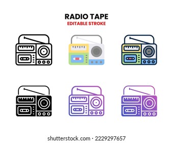 Icono de cinta de radio conjunto línea vectorial, contorno, glifo, línea rellena, color plano, línea y gradiente plano. Actrazo editable y píxel perfecto. Se puede usar para productos digitales, presentación, interfaz de usuario y muchos más.