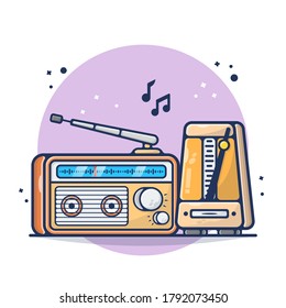 Radio and Tape Vector Illustration. Set Music, Tune, Note, Earphone, Sound, Song, Audio.  Flat Cartoon Style Suitable for Sticker, Wallpaper, Icon, etc.