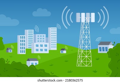 Radio telecommunication tower. Internet and mobile cellular telecom antenna. Wireless network signal. Communication and broadcast equipment. City landscape. Vector illustration concept