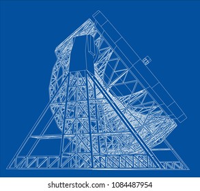 Radio Telescope concept outline. Vector rendering of 3d. Wire-frame style. The layers of visible and invisible lines are separated