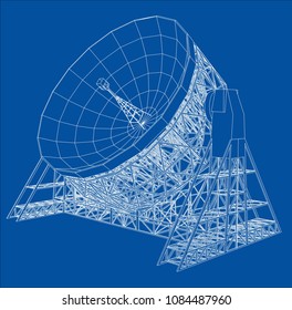 Radio Telescope concept outline. Vector rendering of 3d. Wire-frame style. The layers of visible and invisible lines are separated