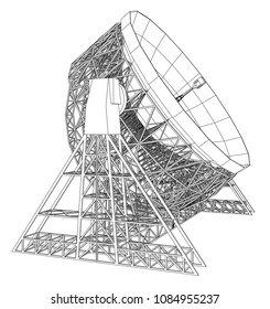 Radio Telescope concept outline. Vector rendering of 3d. Wire-frame style. The layers of visible and invisible lines are separated