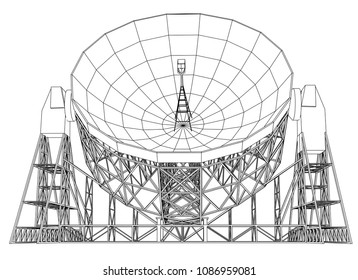 Radio Telescope concept outline. Vector rendering of 3d. Wire-frame style. The layers of visible and invisible lines are separated