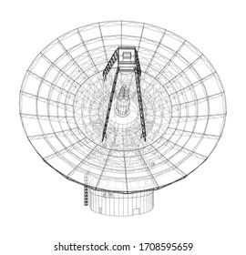 Radio Telescope concept outline. Vector rendering of 3d. Wire-frame style. The layers of visible and invisible lines are separated
