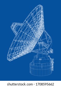 Radio Telescope concept outline. Vector rendering of 3d. Wire-frame style. The layers of visible and invisible lines are separated