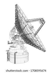 Radio Telescope concept outline. Vector rendering of 3d. Wire-frame style. The layers of visible and invisible lines are separated