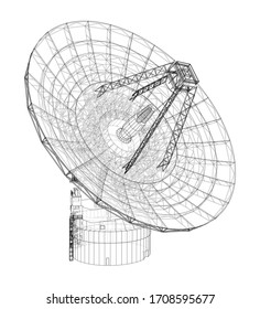 Esquema del concepto de radiotelescopio. Representación vectorial de 3d. Estilo de marco de cables. Las capas de líneas visibles e invisibles están separadas