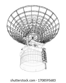 Esquema del concepto de radiotelescopio. Representación vectorial de 3d. Estilo de marco de cables. Las capas de líneas visibles e invisibles están separadas