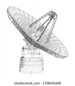 Radio Telescope concept outline. Vector rendering of 3d. Wire-frame style. The layers of visible and invisible lines are separated