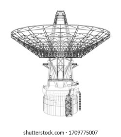 Radio Telescope concept outline. Vector rendering of 3d. Wire-frame style. The layers of visible and invisible lines are separated