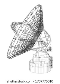 Rahmenkonzept für das Funkteleskop-Konzept. Vektorillustration-Darstellung von 3d. Wire-Frame-Stil. Die Schichten sichtbarer und unsichtbarer Linien sind getrennt
