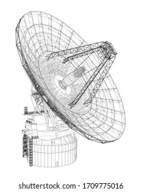 Rahmenkonzept für das Funkteleskop-Konzept. Vektorgrafik von 3d. Wire-Frame-Stil. Die Schichten sichtbarer und unsichtbarer Linien sind getrennt