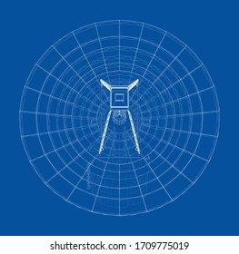 Esquema del concepto de radiotelescopio. Representación vectorial de 3d. Estilo de marco de cables. Las capas de líneas visibles e invisibles están separadas