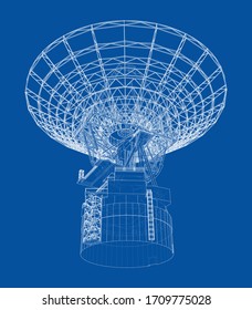 Radio Telescope concept outline. Vector rendering of 3d. Wire-frame style. The layers of visible and invisible lines are separated