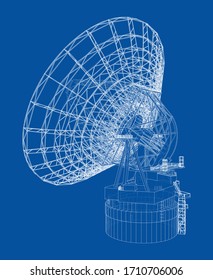 Esquema del concepto de radiotelescopio. Representación vectorial de 3d. Estilo de marco de cables. Las capas de líneas visibles e invisibles están separadas