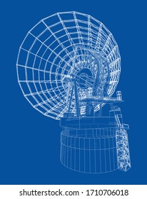 Esquema del concepto de radiotelescopio. Representación vectorial de 3d. Estilo de marco de cables. Las capas de líneas visibles e invisibles están separadas