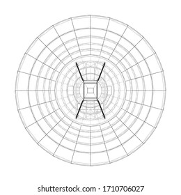 Esquema del concepto de radiotelescopio. Representación vectorial de 3d. Estilo de marco de cables. Las capas de líneas visibles e invisibles están separadas