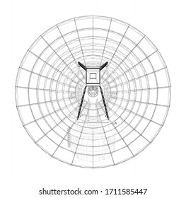 Radio Telescope concept outline. Vector rendering of 3d. Wire-frame style. The layers of visible and invisible lines are separated