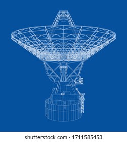 Esquema del concepto de radiotelescopio. Representación vectorial de 3d. Estilo de marco de cables. Las capas de líneas visibles e invisibles están separadas