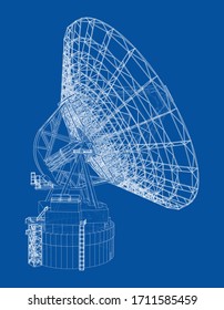 Radio Telescope concept outline. Vector rendering of 3d. Wire-frame style. The layers of visible and invisible lines are separated