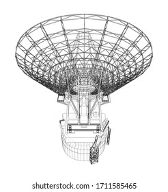 Radio Telescope concept outline. Vector rendering of 3d. Wire-frame style. The layers of visible and invisible lines are separated