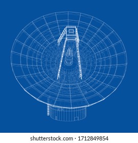Radio Telescope concept outline. Vector rendering of 3d. Wire-frame style. The layers of visible and invisible lines are separated