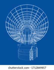 Radio Telescope concept outline. Vector rendering of 3d. Wire-frame style. The layers of visible and invisible lines are separated