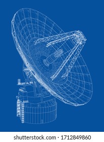 Radio Telescope concept outline. Vector rendering of 3d. Wire-frame style. The layers of visible and invisible lines are separated