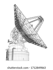 Esquema del concepto de radiotelescopio. Representación vectorial de 3d. Estilo de marco de cables. Las capas de líneas visibles e invisibles están separadas