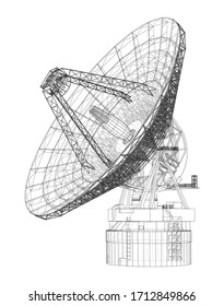 Radio Telescope concept outline. Vector rendering of 3d. Wire-frame style. The layers of visible and invisible lines are separated