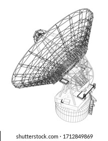 Radio Telescope concept outline. Vector rendering of 3d. Wire-frame style. The layers of visible and invisible lines are separated