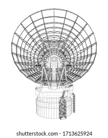 Radio Telescope concept outline. Vector rendering of 3d. Wire-frame style. The layers of visible and invisible lines are separated