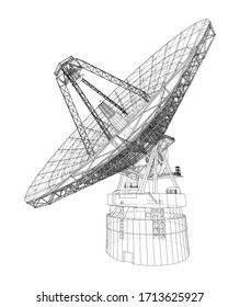 Esquema del concepto de radiotelescopio. Representación vectorial de 3d. Estilo de marco de cables. Las capas de líneas visibles e invisibles están separadas