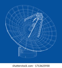 Radio Telescope concept outline. Vector rendering of 3d. Wire-frame style. The layers of visible and invisible lines are separated